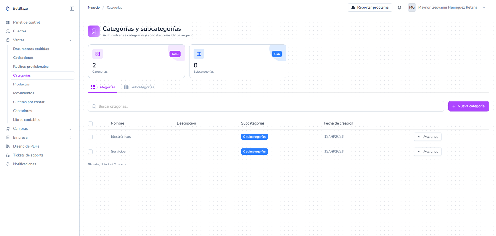 Categorías y subcategorias