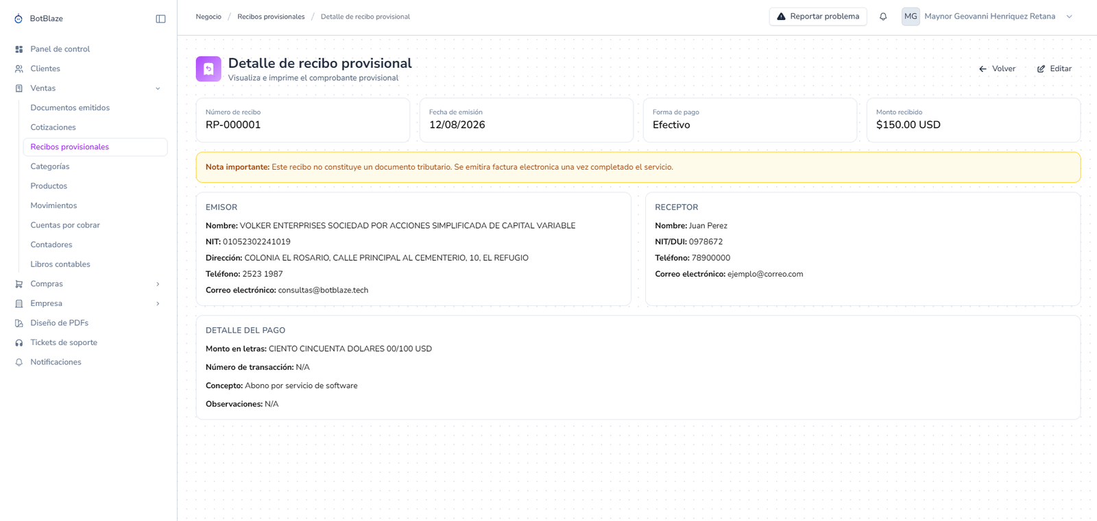 Detalles del recibo provisional