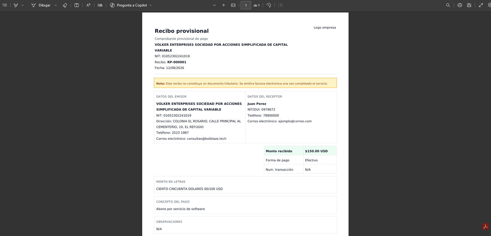 PDF del recibo provisional
